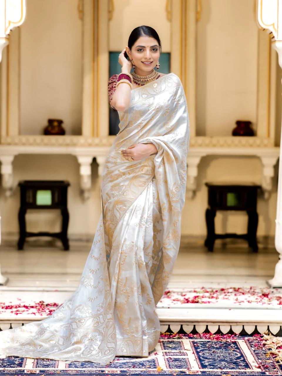 White Banarasi Silk Saree with  Embellishments and Intricate Festive Wear