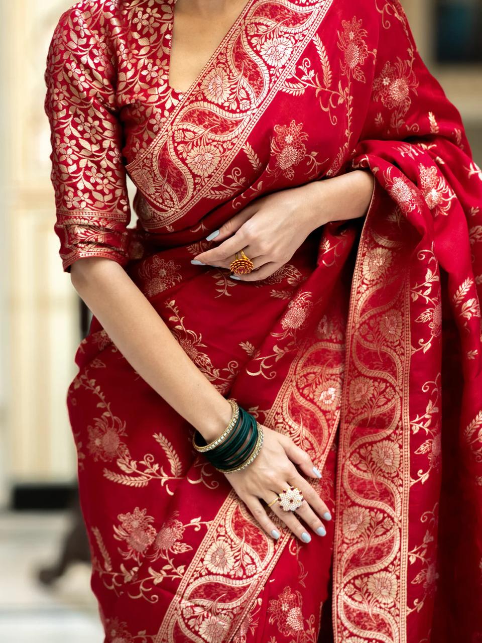 Red Banarasi Silk Saree with  Embellishments and Intricate Festive Wear