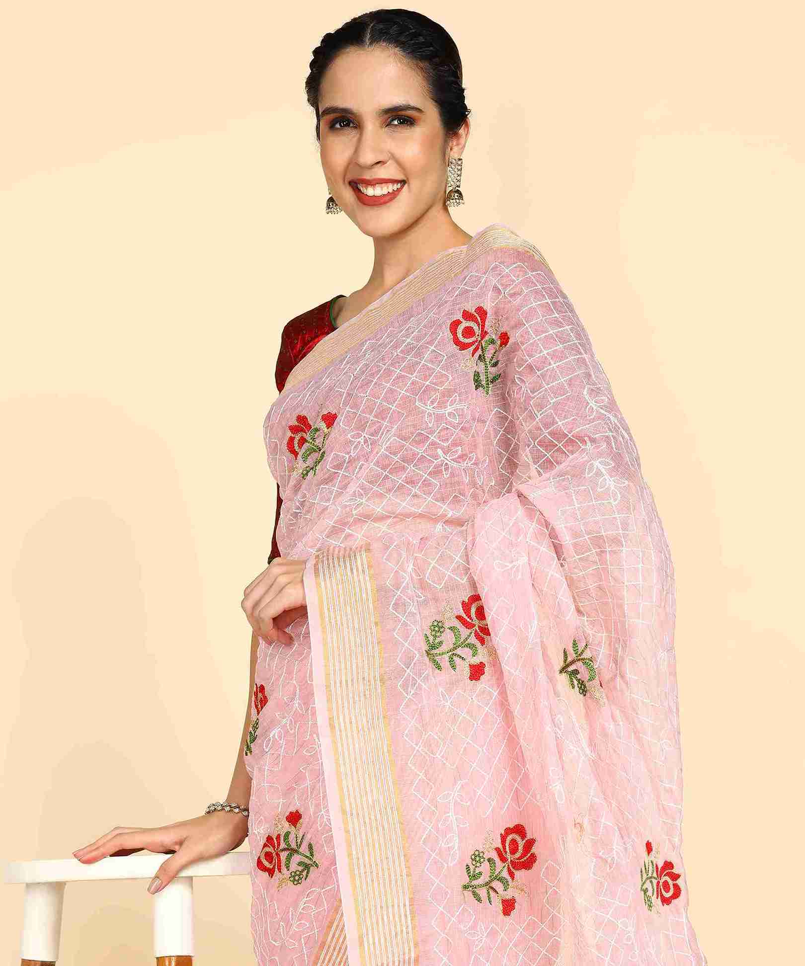 Light Pink Chanderi Cotton Embroidered Work Saree With Jacquard Blouse Piece