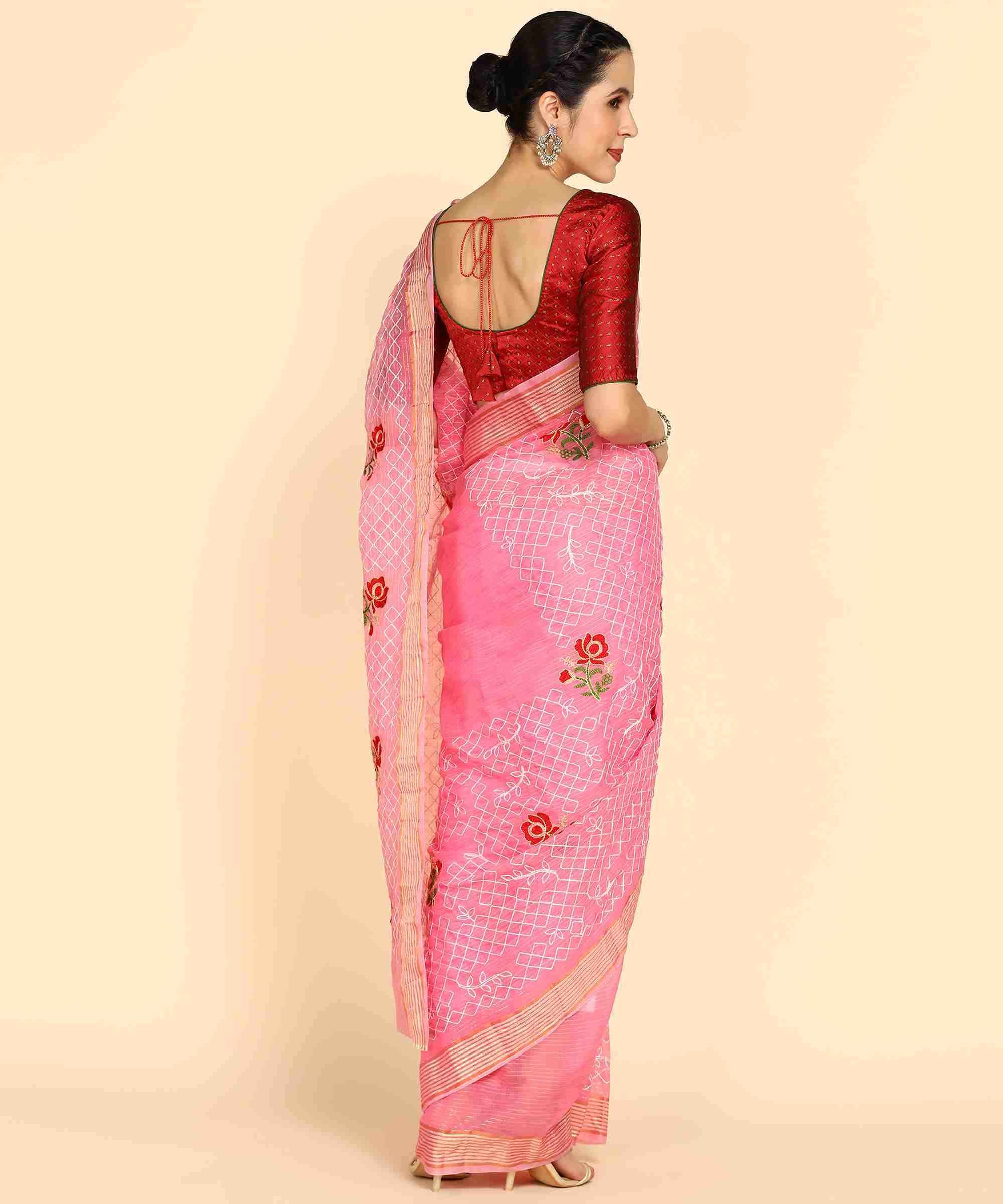 Pink Chanderi Cotton Embroidered Work Saree With Jacquard Blouse Piece