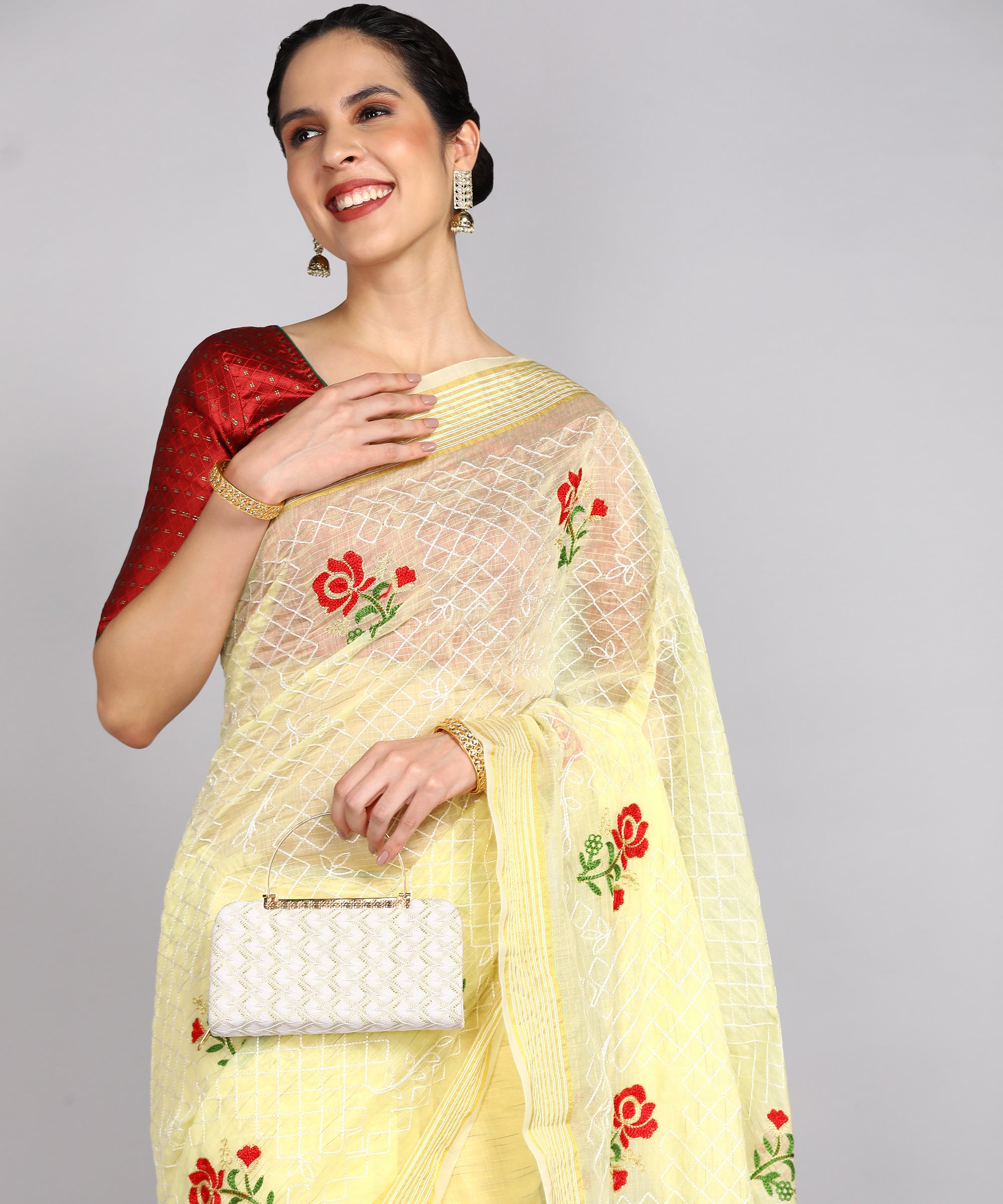 Light Yellow Chanderi  Embroidered Work Saree With Jacquard Blouse Piece