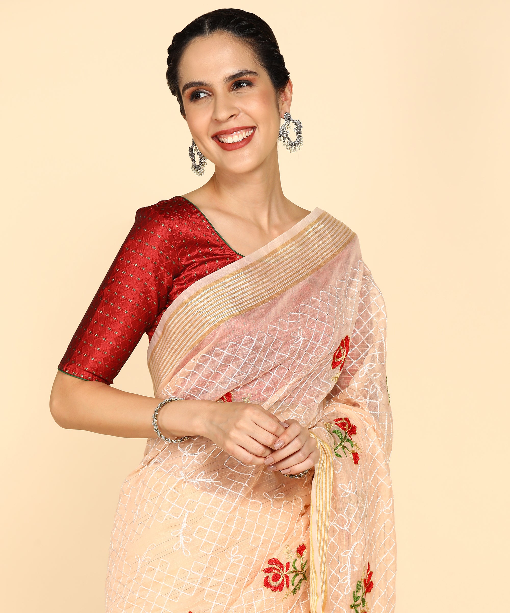 Cream Chanderi Cotton Embroidered Work Saree With Jacquard Blouse Piece