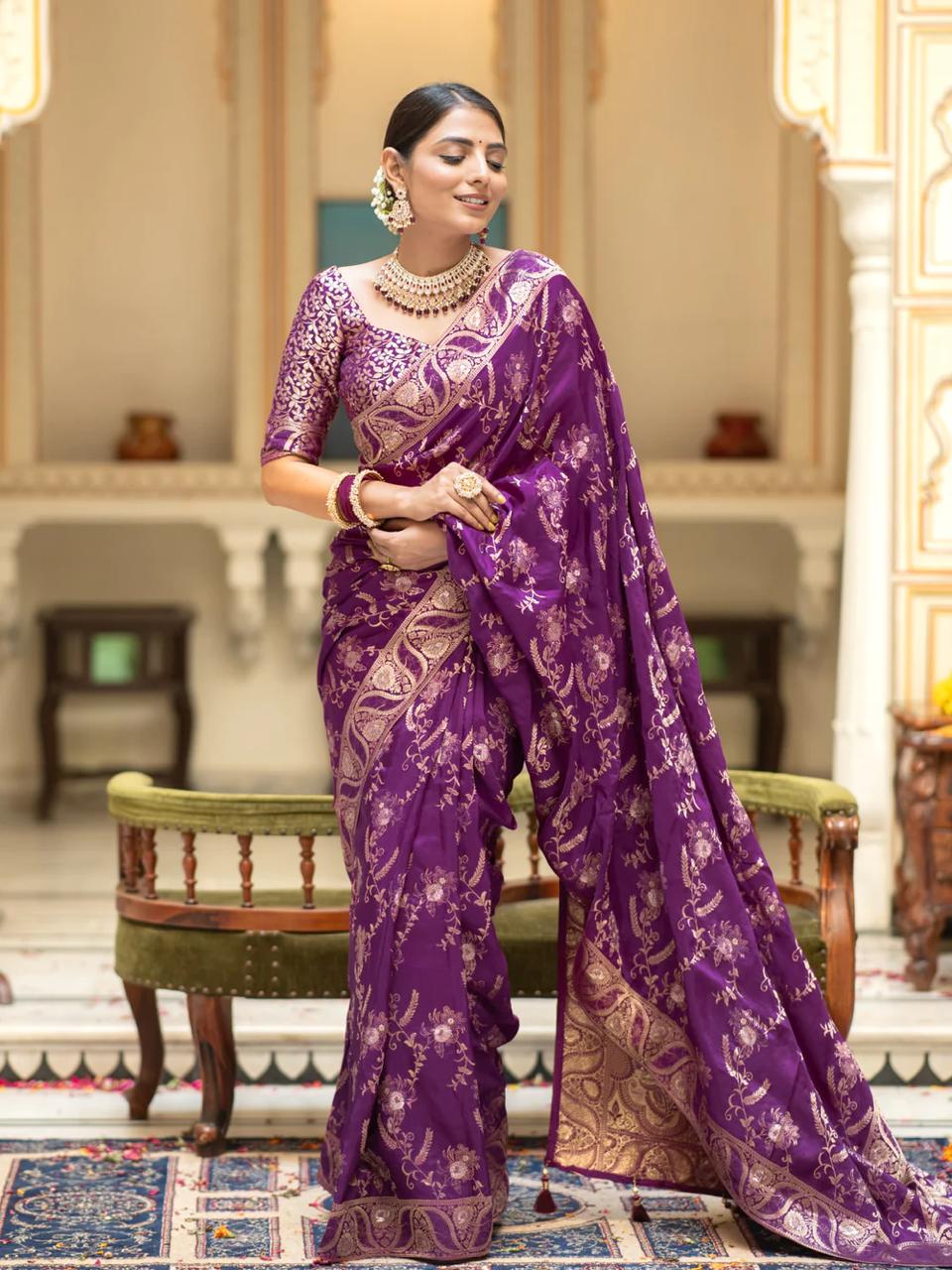 Purple Banarasi Silk Saree with  Embellishments and Intricate Festive Wear