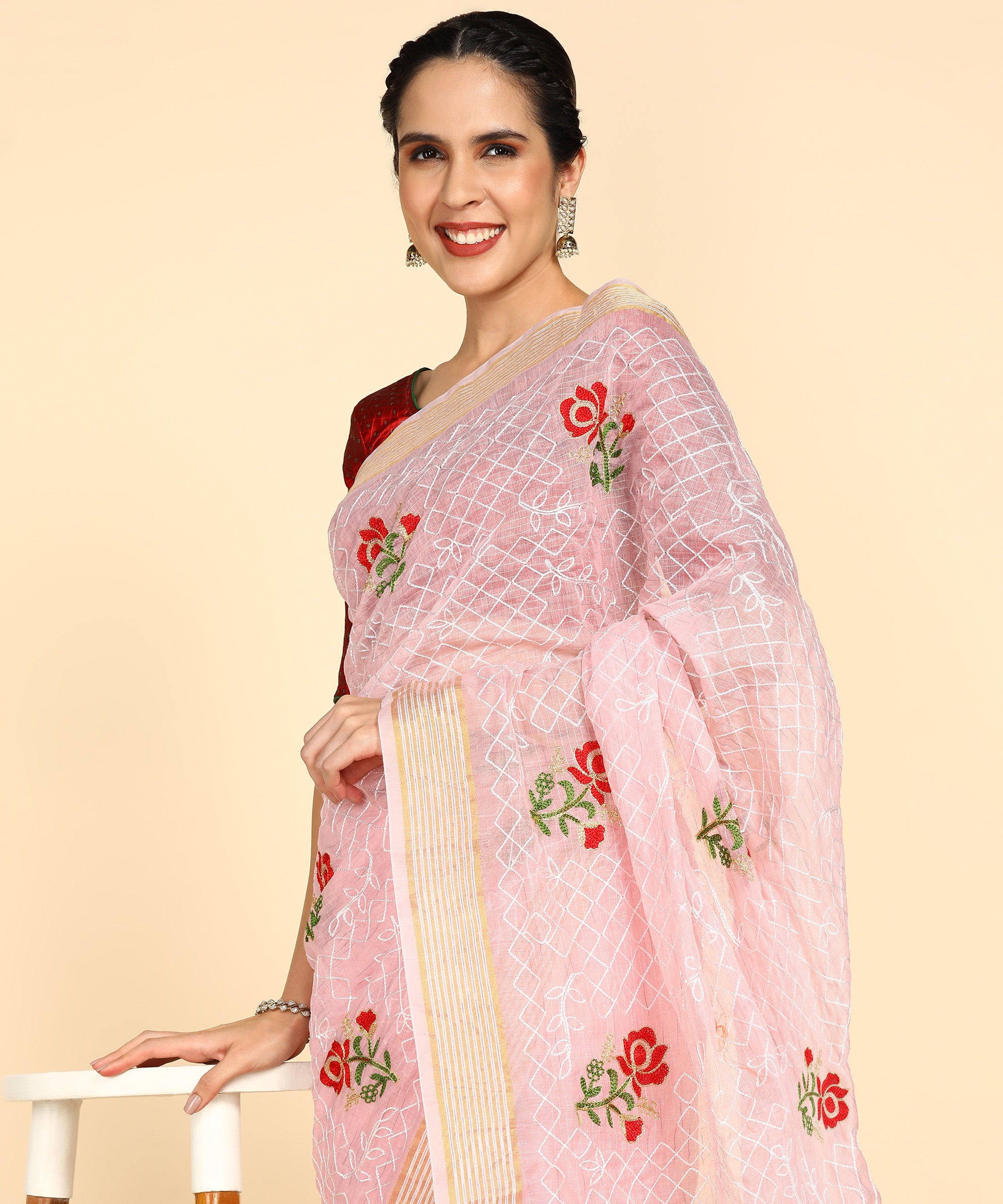 Light Pink Chanderi Cotton Embroidered Work Saree With Jacquard Blouse Piece
