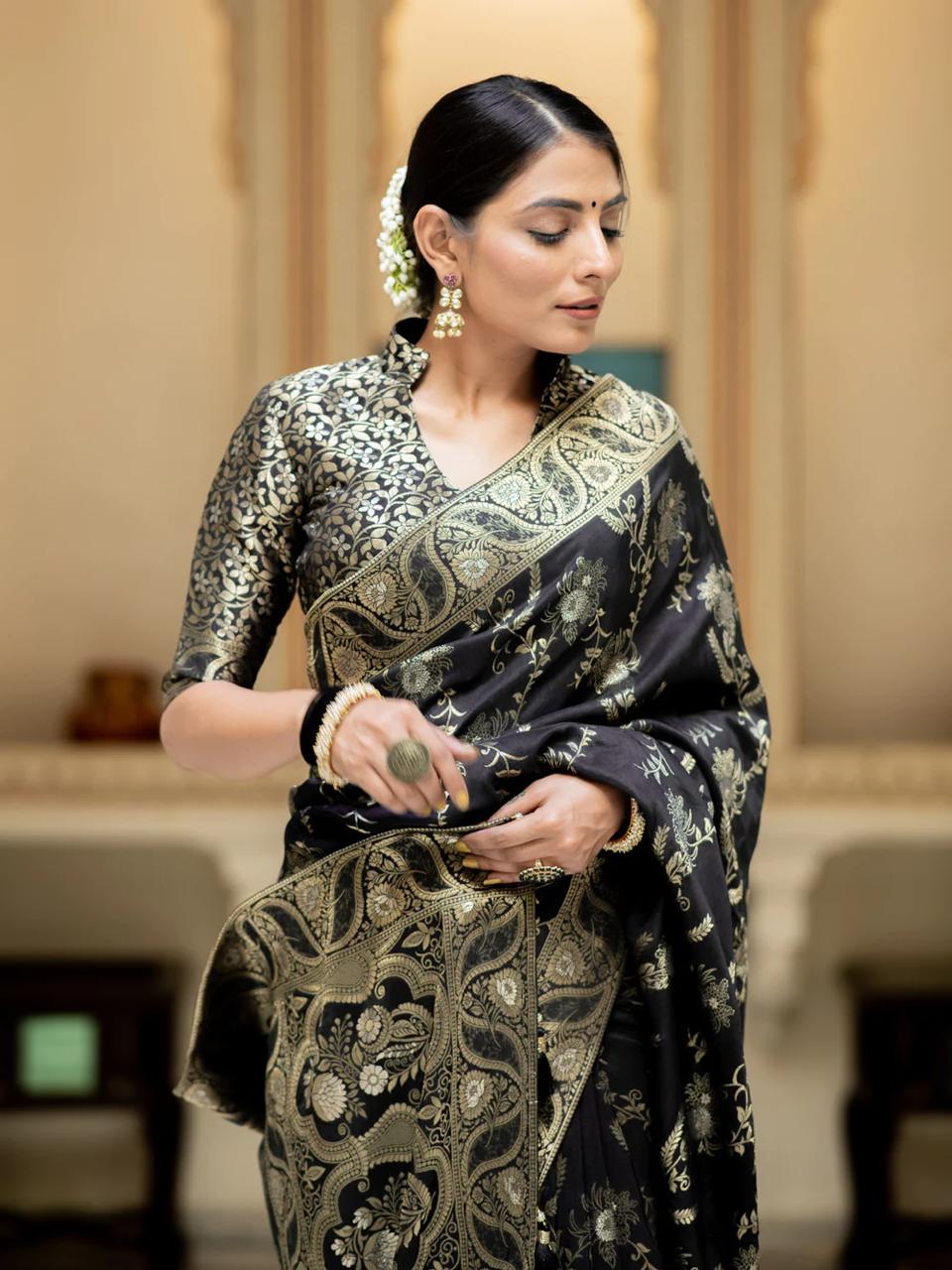 Black Banarasi Silk Saree with  Embellishments and Intricate Festive Wear