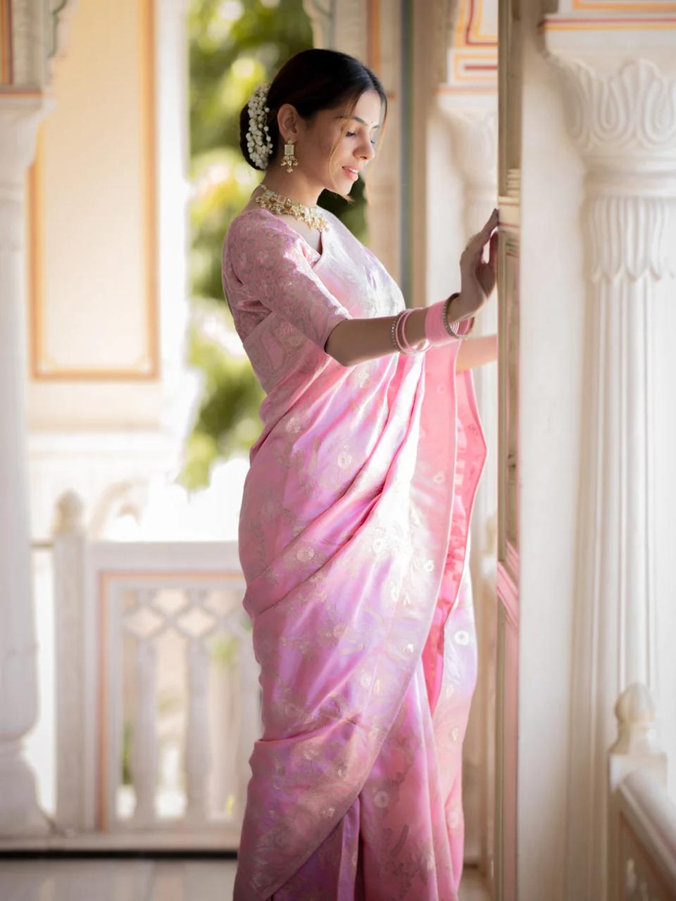 Onion Pink  Banarasi Silk Saree with  Embellishments and Intricate Festive Wear