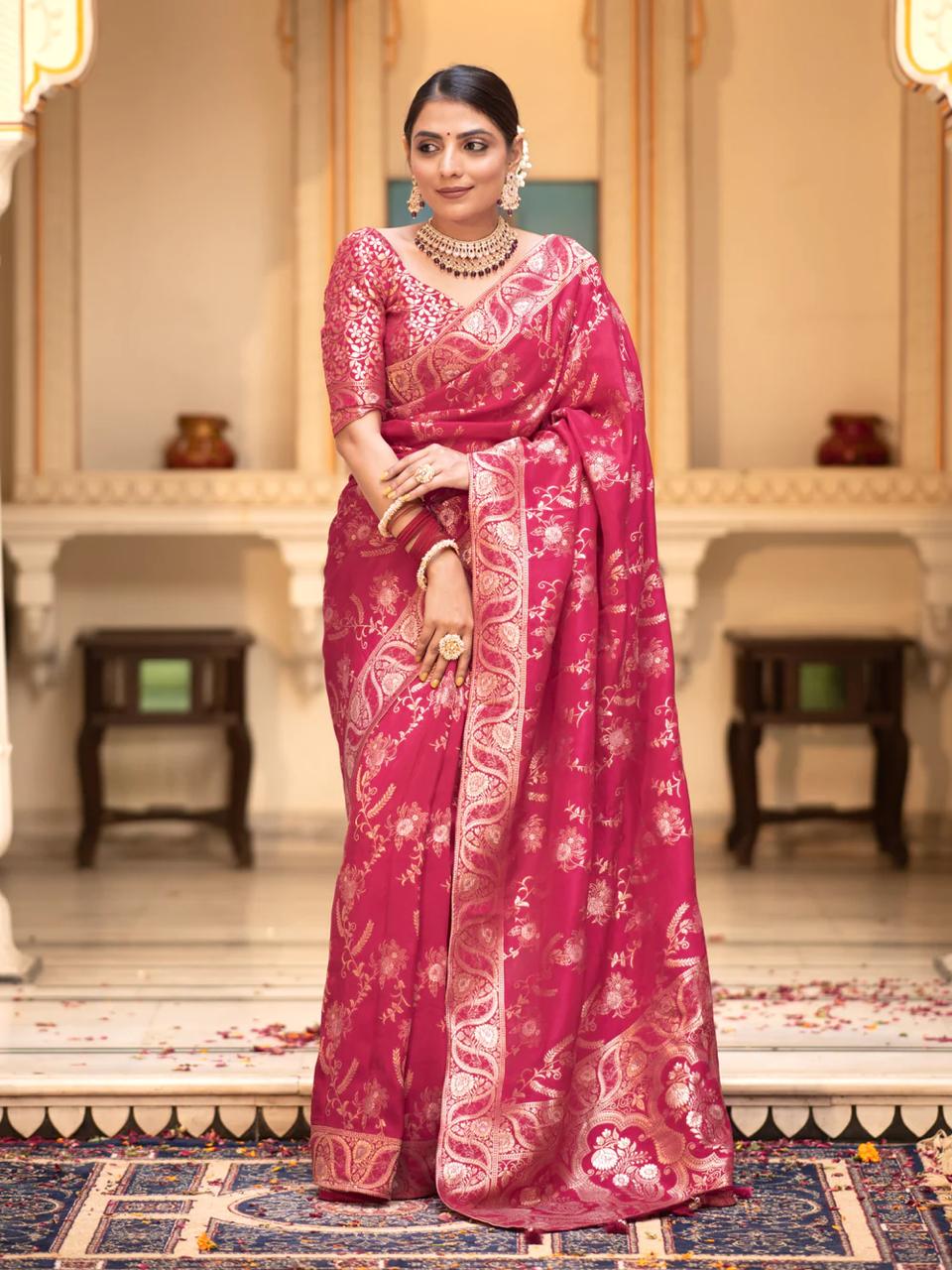 Pink Banarasi Silk Saree with  Embellishments and Intricate Festive Wear