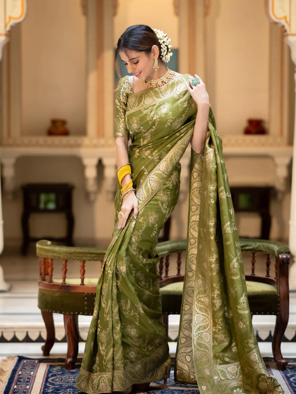 Dark Mehndi  Banarasi Silk Saree with  Embellishments and Intricate Festive Wear