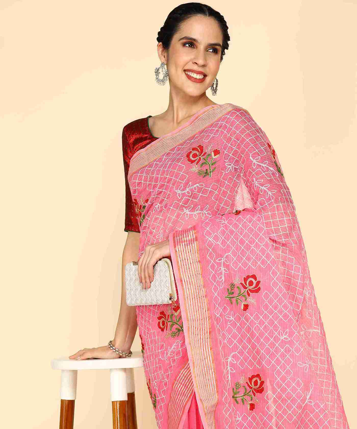 Pink Chanderi Cotton Embroidered Work Saree With Jacquard Blouse Piece