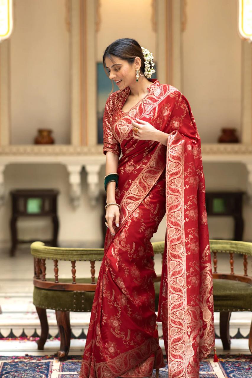 Red Banarasi Silk Saree with  Embellishments and Intricate Festive Wear