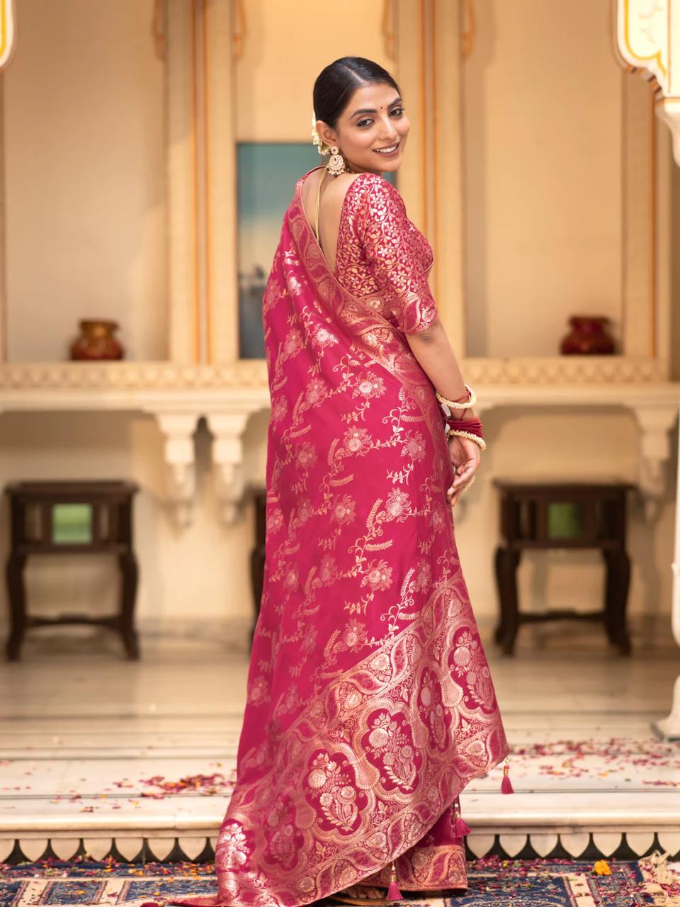 Pink Banarasi Silk Saree with  Embellishments and Intricate Festive Wear