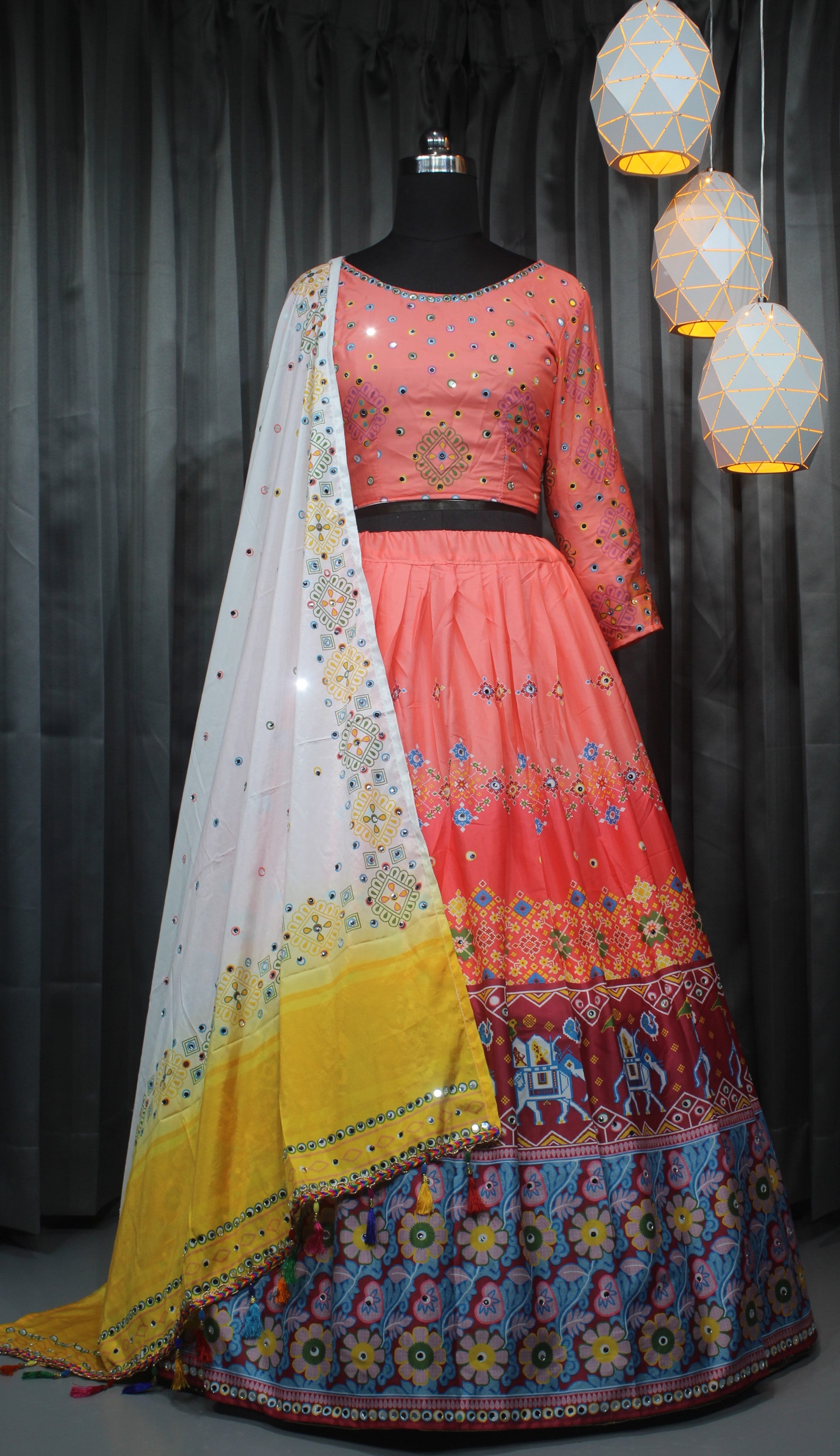 Peach LENGHA CHOLI WITH REAL MIRROR WORK AND ATTACHED DUPATTA