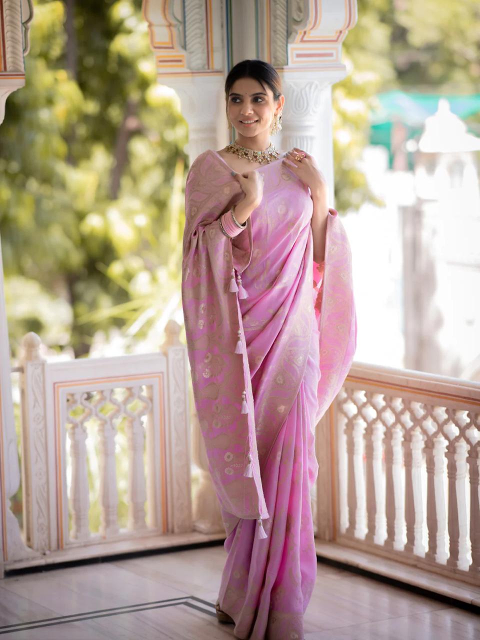 Onion Pink  Banarasi Silk Saree with  Embellishments and Intricate Festive Wear