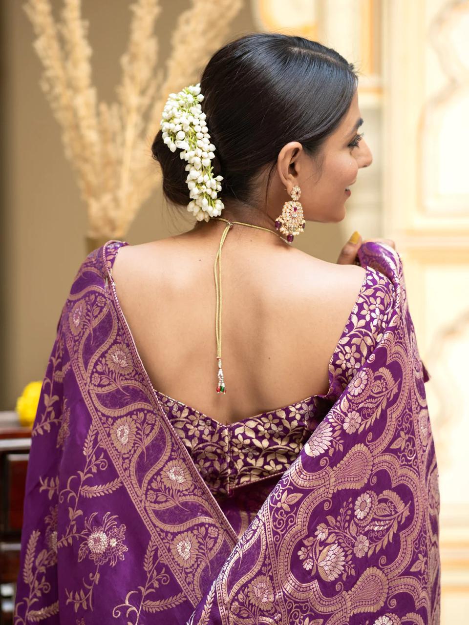 Purple Banarasi Silk Saree with  Embellishments and Intricate Festive Wear