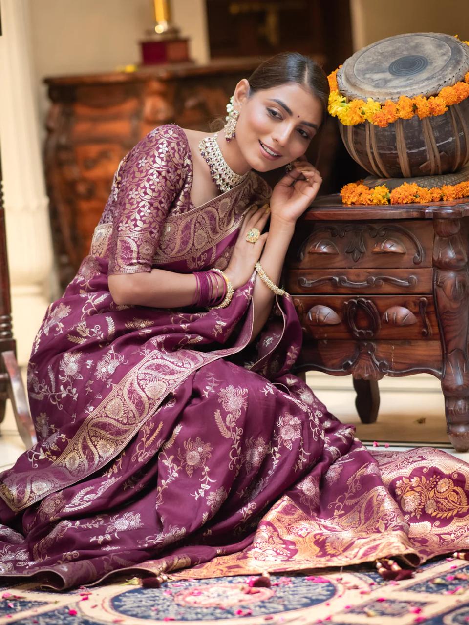 Wine Banarasi Silk Saree with  Embellishments and Intricate Festive Wear