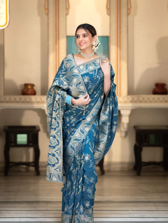 Rama  Banarasi Silk Saree with  Embellishments and Intricate Festive Wear