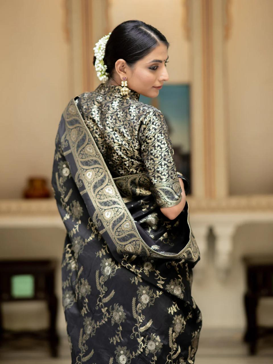 Black Banarasi Silk Saree with  Embellishments and Intricate Festive Wear