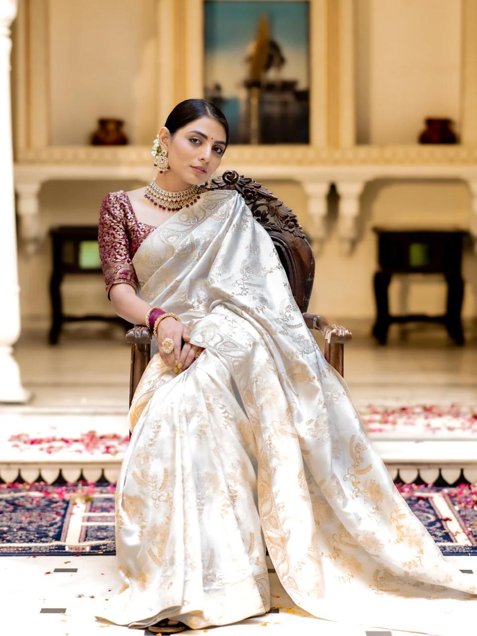 White Banarasi Silk Saree with  Embellishments and Intricate Festive Wear