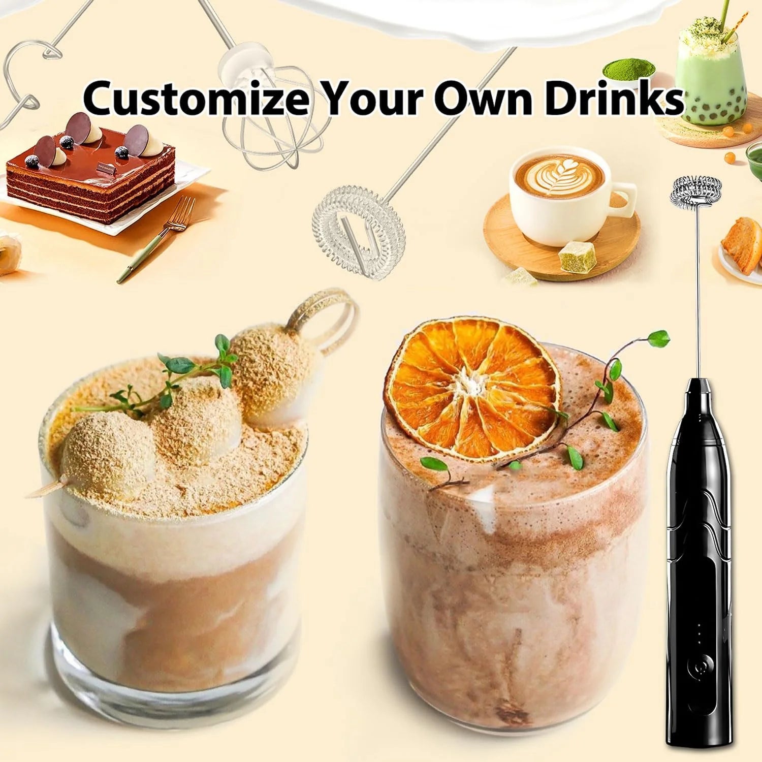 Robila Rechargeable Milk Frother Handheld With 2 Heads, Black Color Coffee Electric Whisk Drink FoamRobila Mixer, Mini Hand Stirrer With 3 Speeds Adjustable For Latte, Cappuccino, Hot Chocolate, Egg