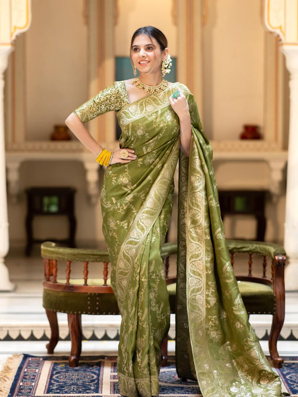 Dark Mehndi  Banarasi Silk Saree with  Embellishments and Intricate Festive Wear