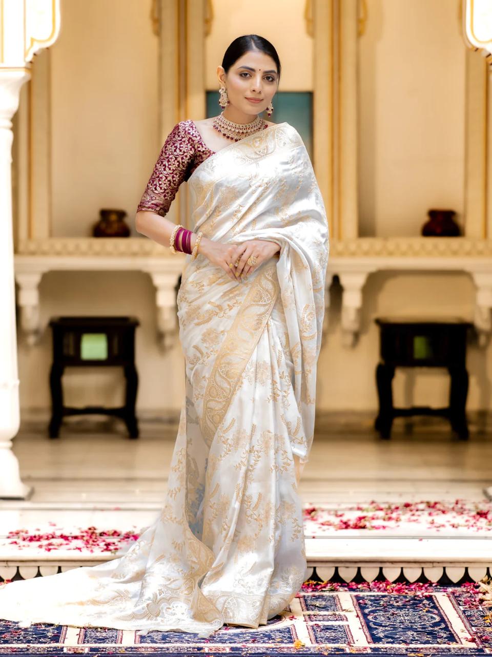 White Banarasi Silk Saree with  Embellishments and Intricate Festive Wear