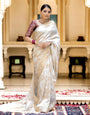 White Banarasi Silk Saree with  Embellishments and Intricate Festive Wear