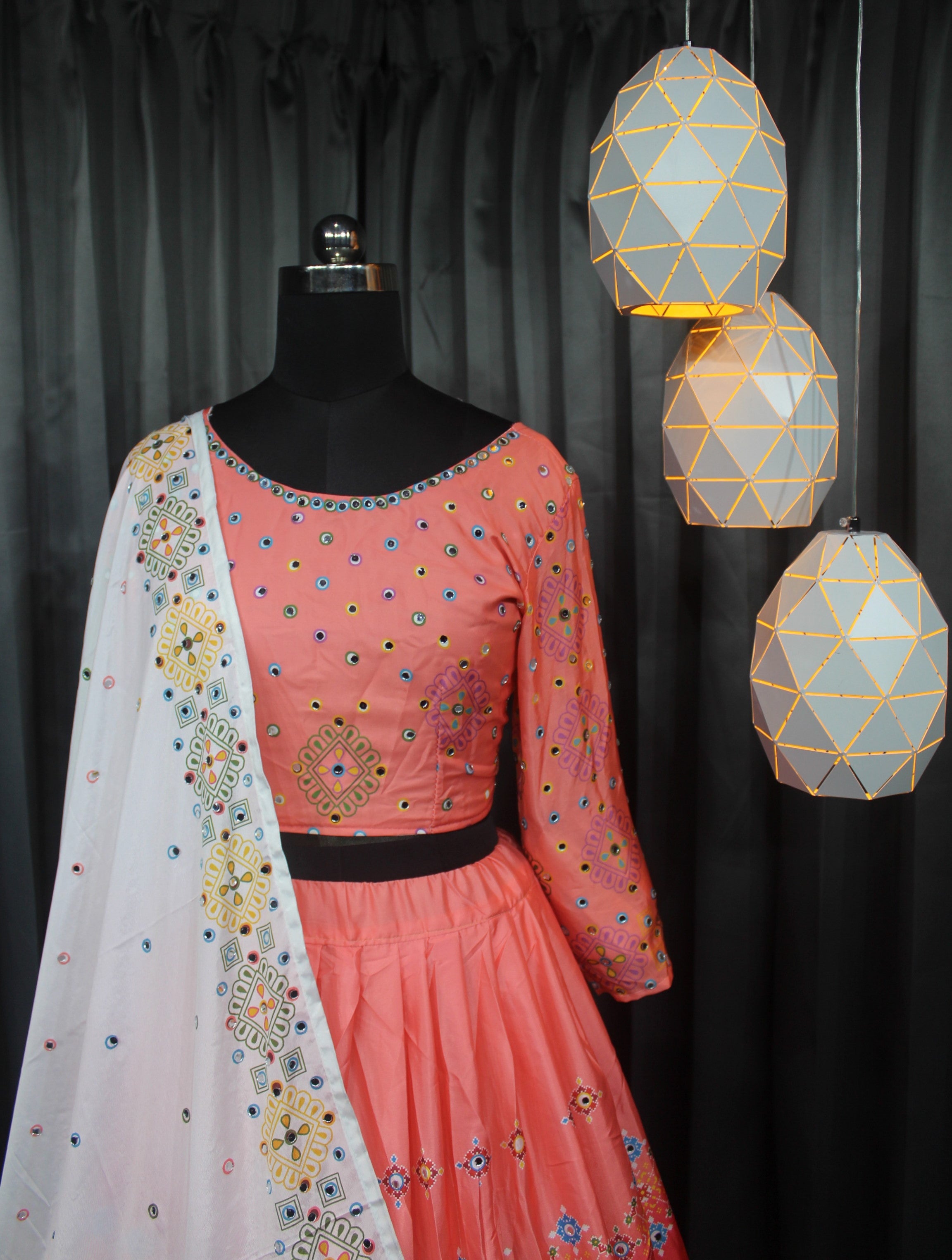 Peach LENGHA CHOLI WITH REAL MIRROR WORK AND ATTACHED DUPATTA