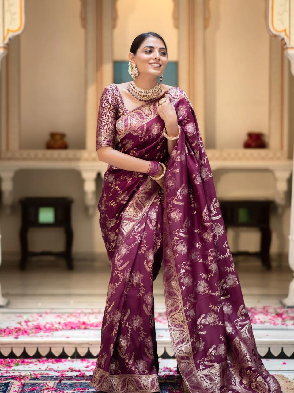 Wine Banarasi Silk Saree with  Embellishments and Intricate Festive Wear