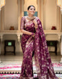 Wine Banarasi Silk Saree with  Embellishments and Intricate Festive Wear