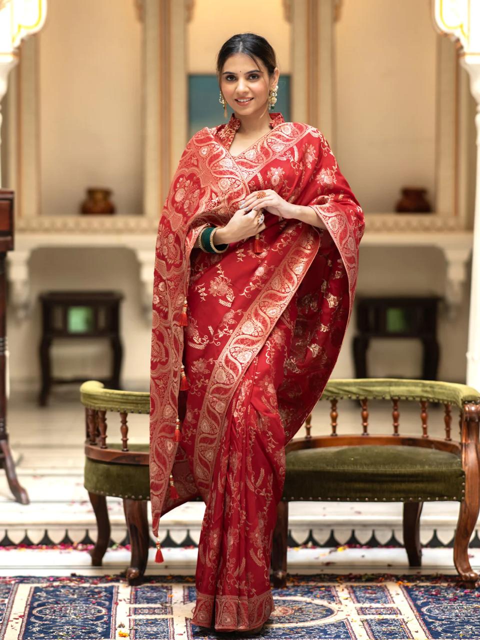 Red Banarasi Silk Saree with  Embellishments and Intricate Festive Wear