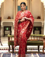 Red Banarasi Silk Saree with  Embellishments and Intricate Festive Wear