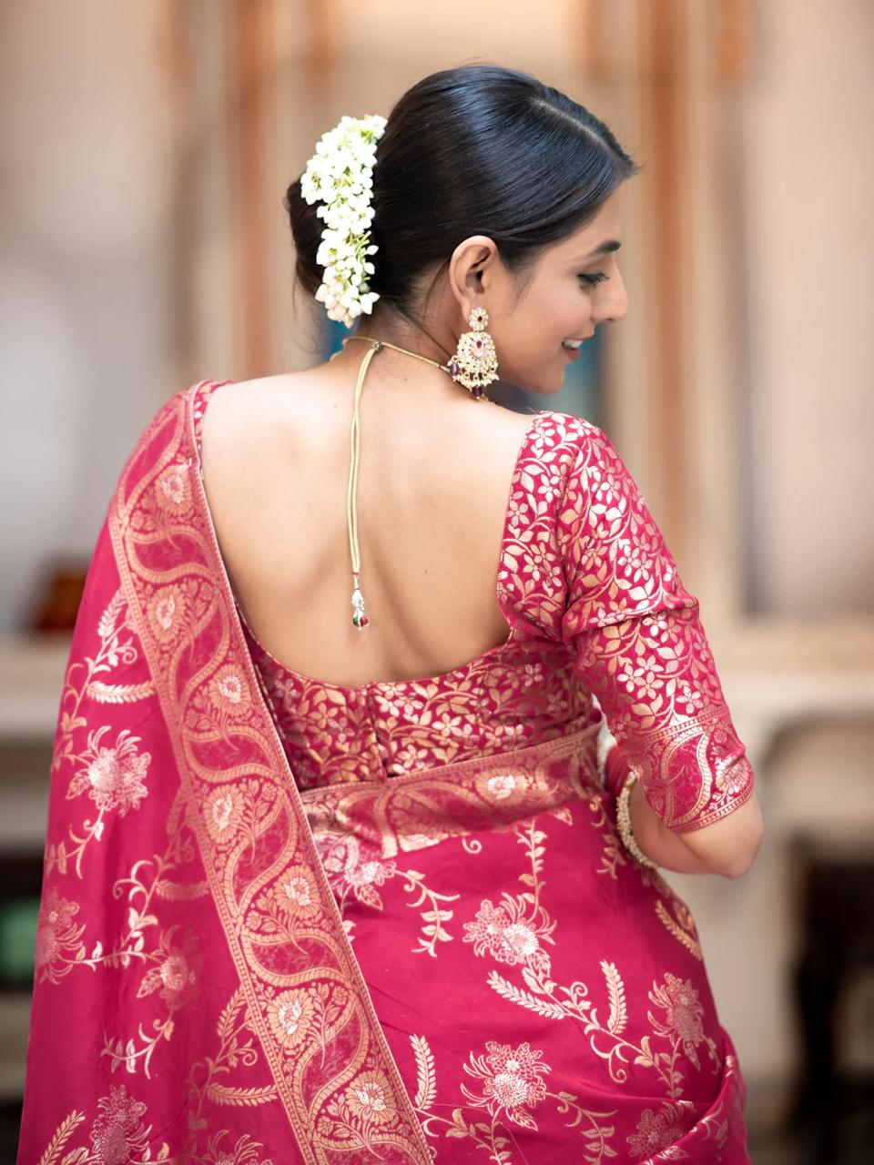 Pink Banarasi Silk Saree with  Embellishments and Intricate Festive Wear