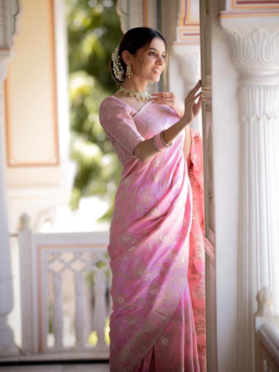 Onion Pink  Banarasi Silk Saree with  Embellishments and Intricate Festive Wear