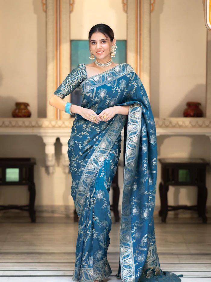 Rama  Banarasi Silk Saree with  Embellishments and Intricate Festive Wear