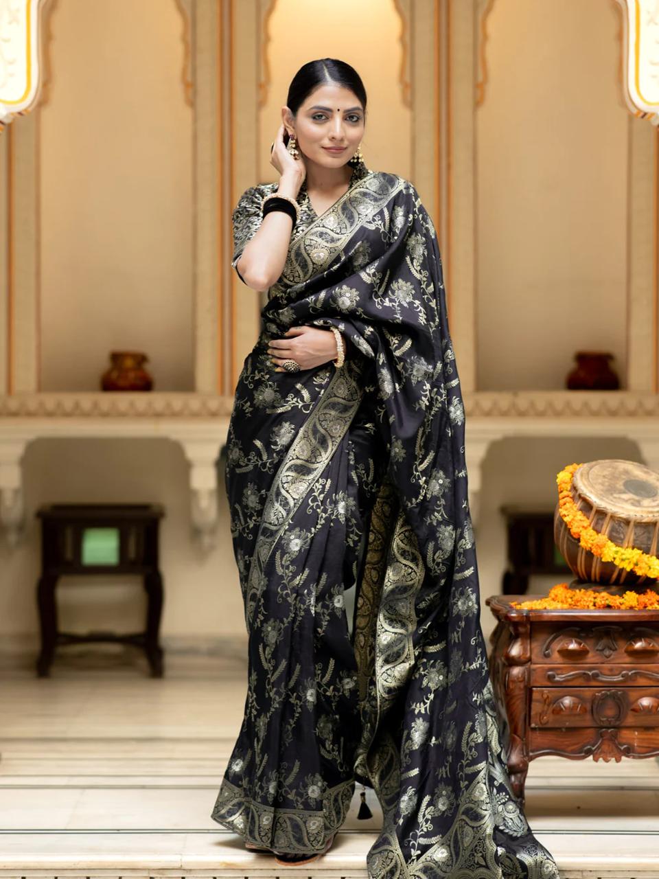 Black Banarasi Silk Saree with  Embellishments and Intricate Festive Wear