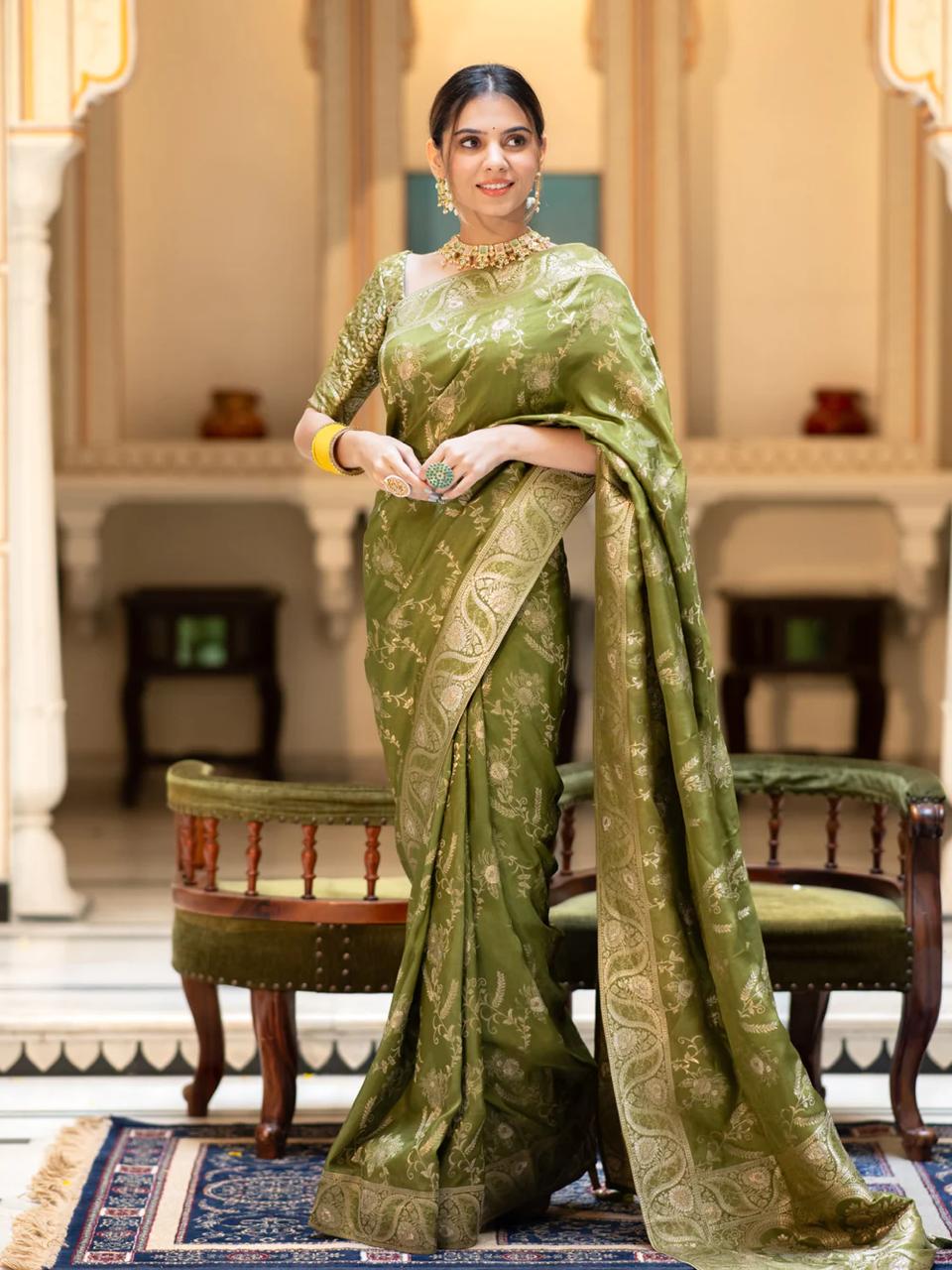 Dark Mehndi  Banarasi Silk Saree with  Embellishments and Intricate Festive Wear