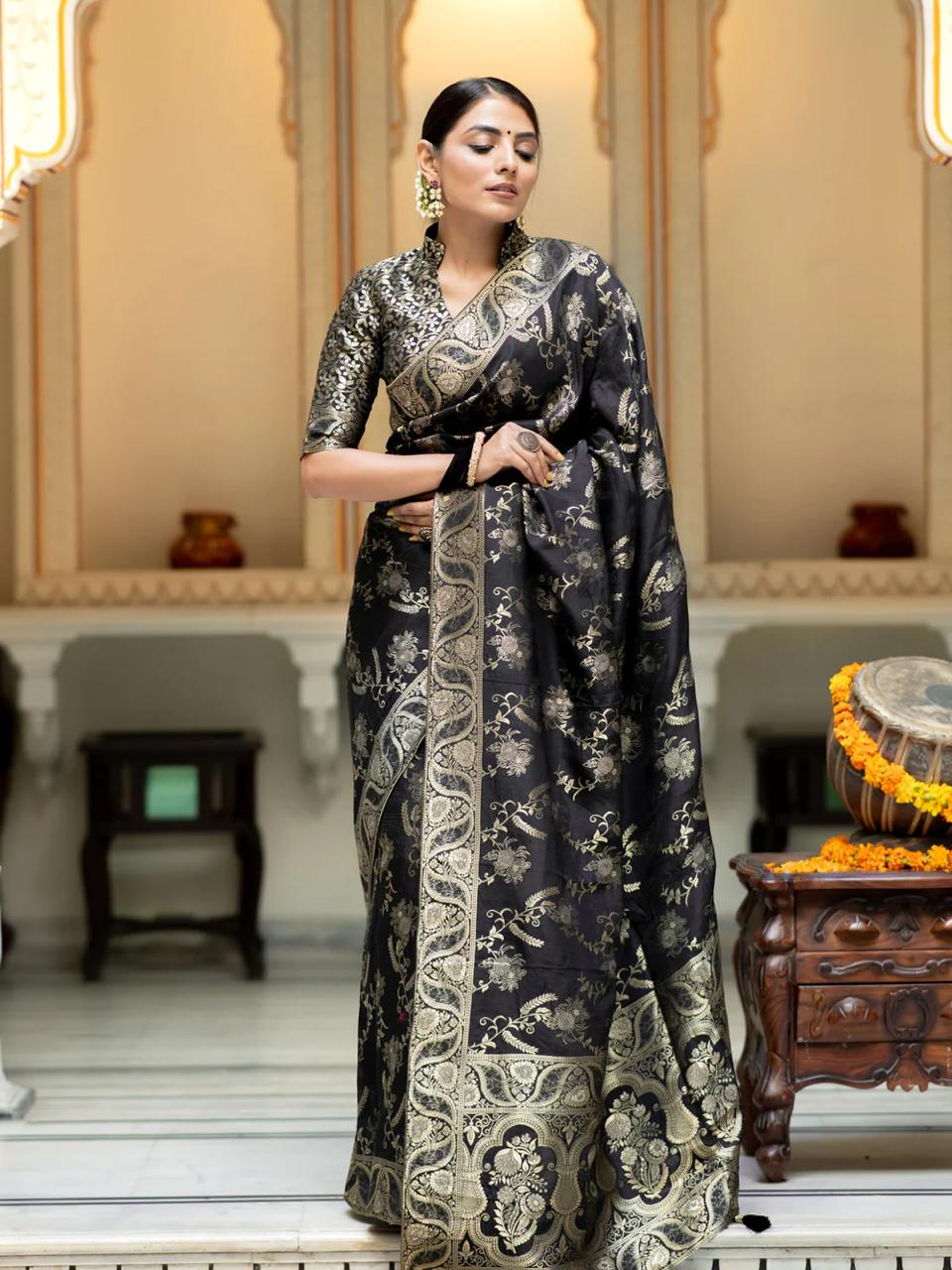 Black Banarasi Silk Saree with  Embellishments and Intricate Festive Wear