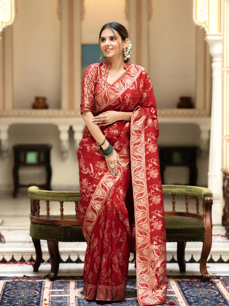 Red Banarasi Silk Saree with  Embellishments and Intricate Festive Wear