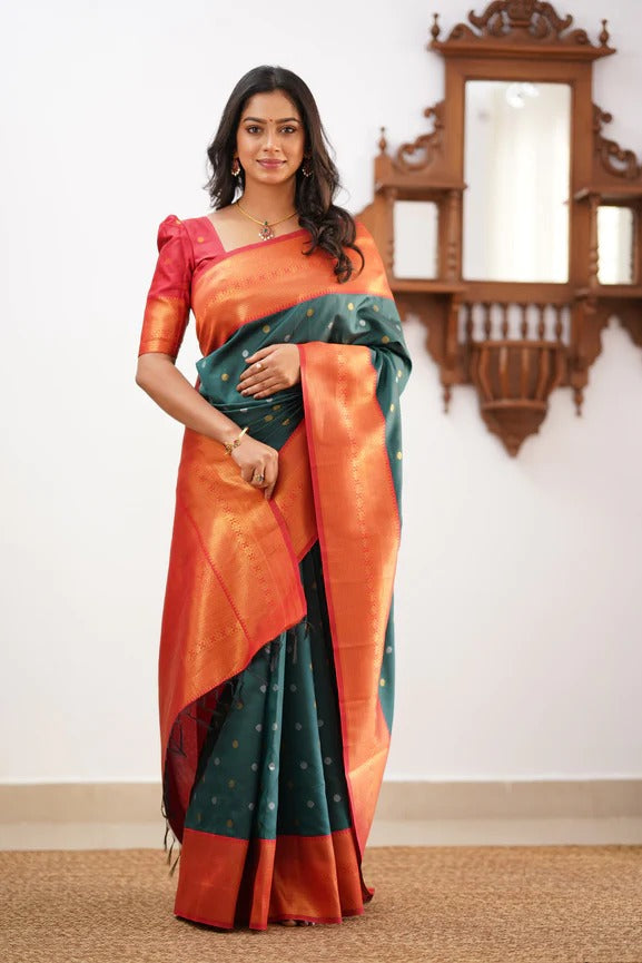 Dark Green Soft Silk Saree With Adoring Blouse Piece