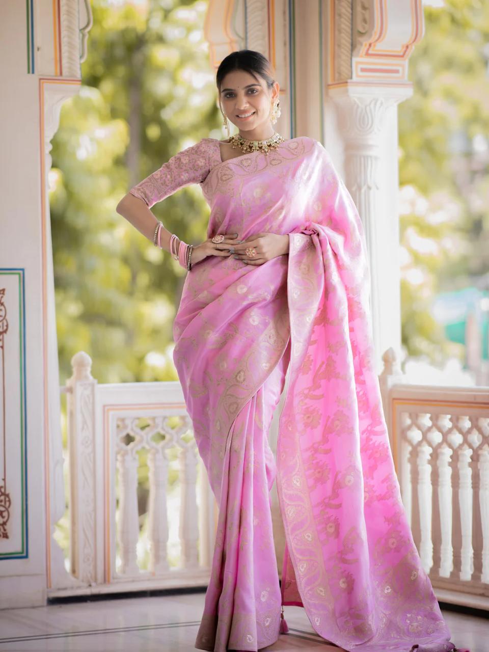 Onion Pink  Banarasi Silk Saree with  Embellishments and Intricate Festive Wear