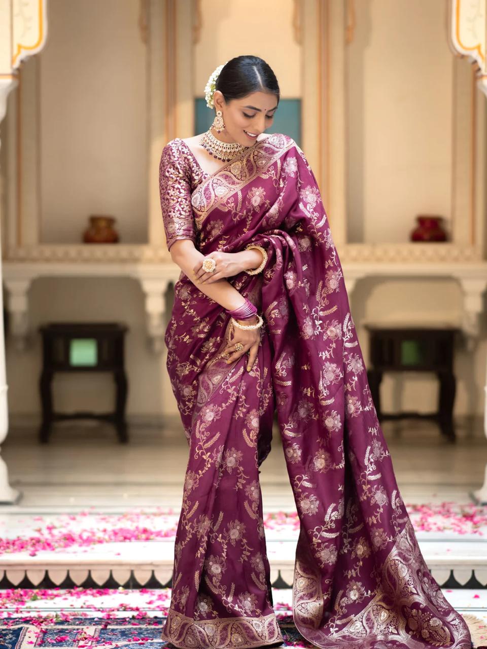 Wine Banarasi Silk Saree with  Embellishments and Intricate Festive Wear