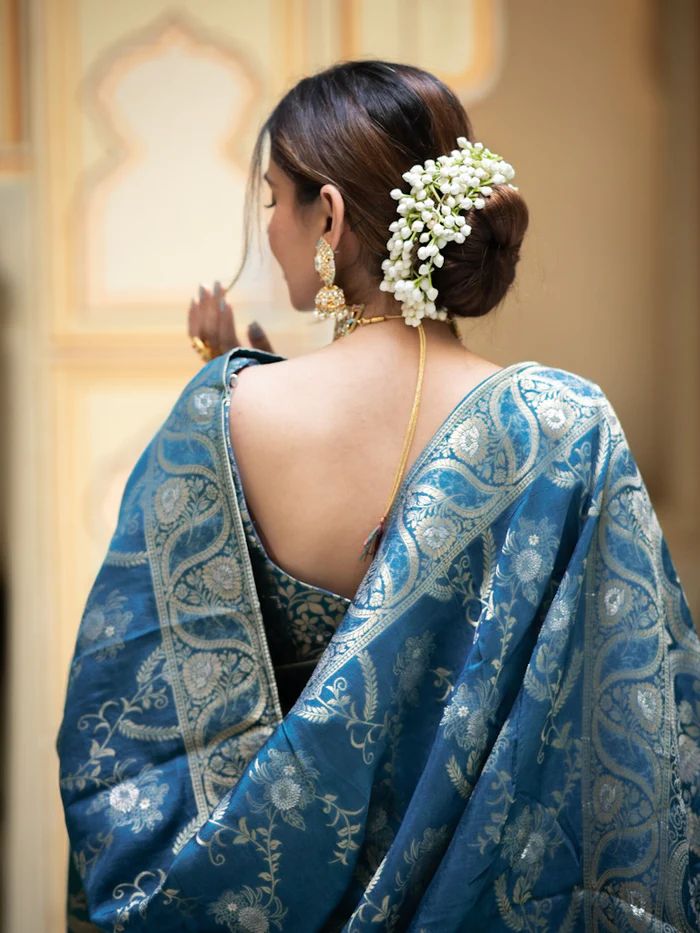 Rama  Banarasi Silk Saree with  Embellishments and Intricate Festive Wear