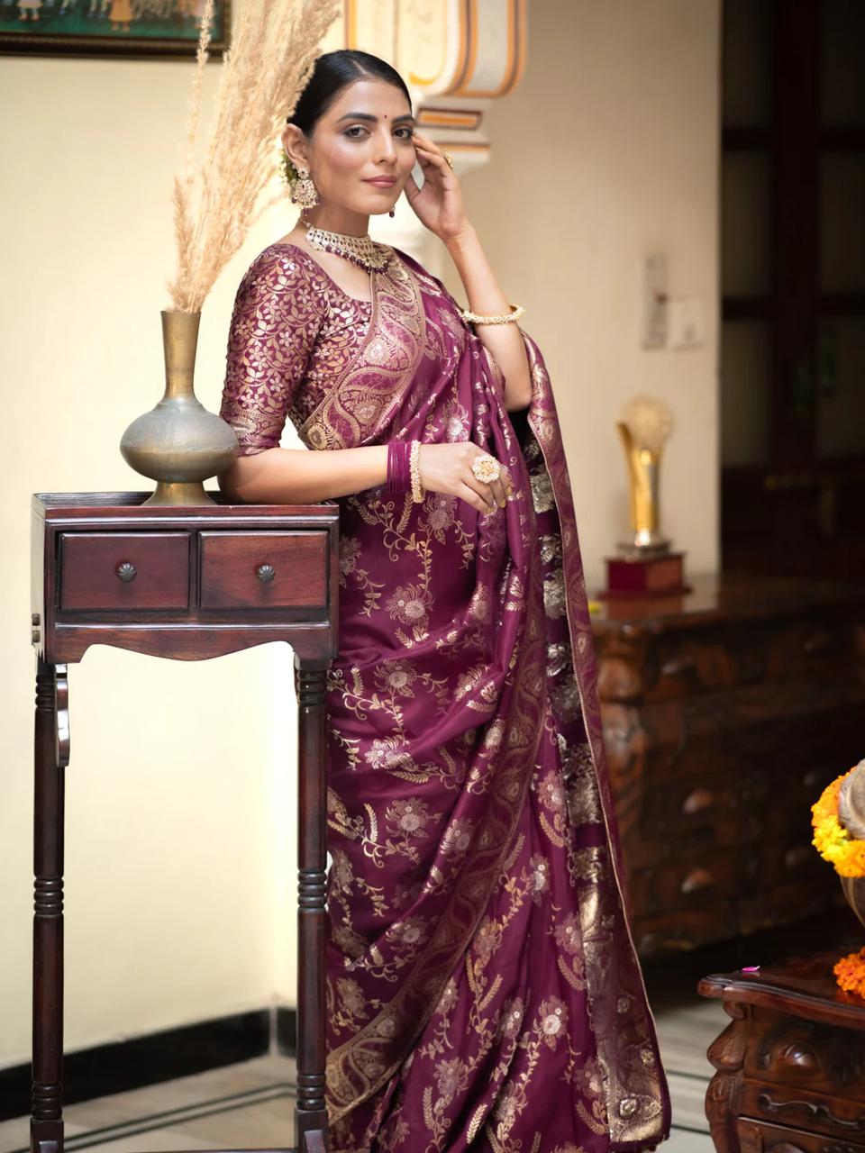 Wine Banarasi Silk Saree with  Embellishments and Intricate Festive Wear