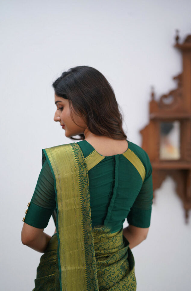 Dark Green Soft Silk Saree With Diaphanous Blouse Piece