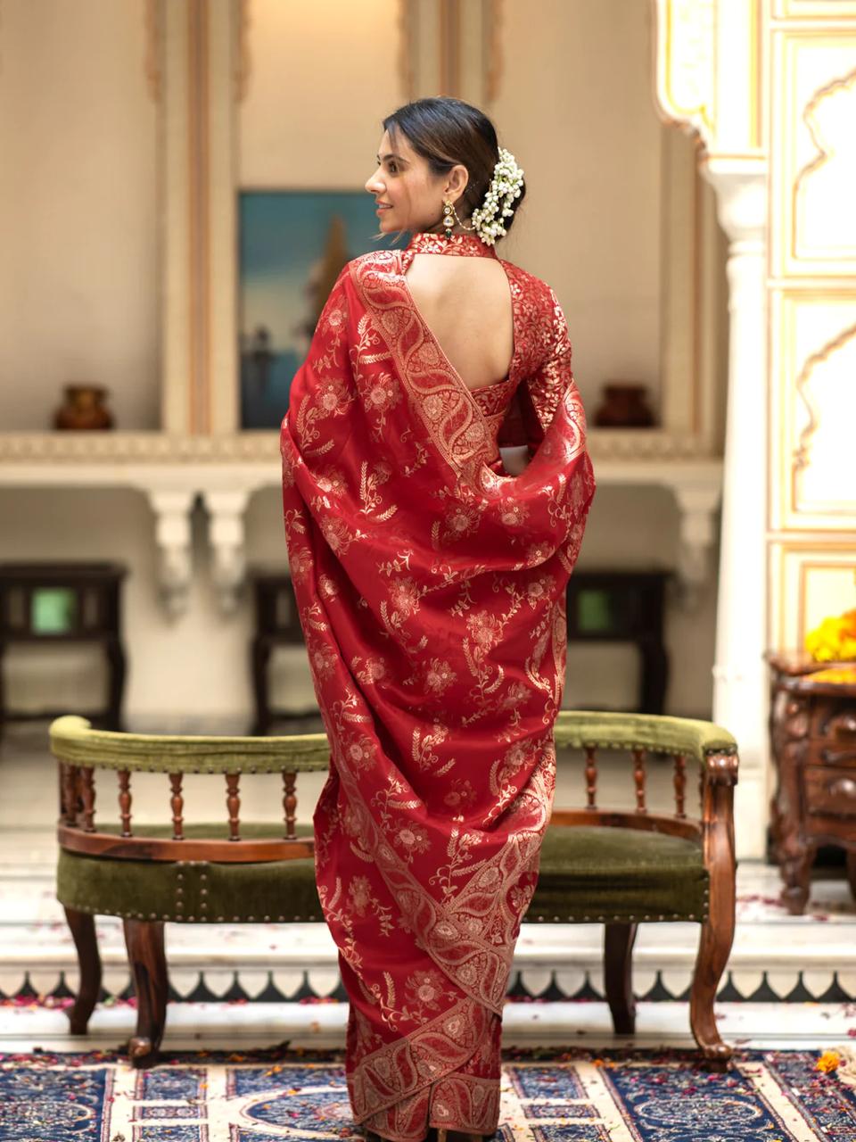 Red Banarasi Silk Saree with  Embellishments and Intricate Festive Wear