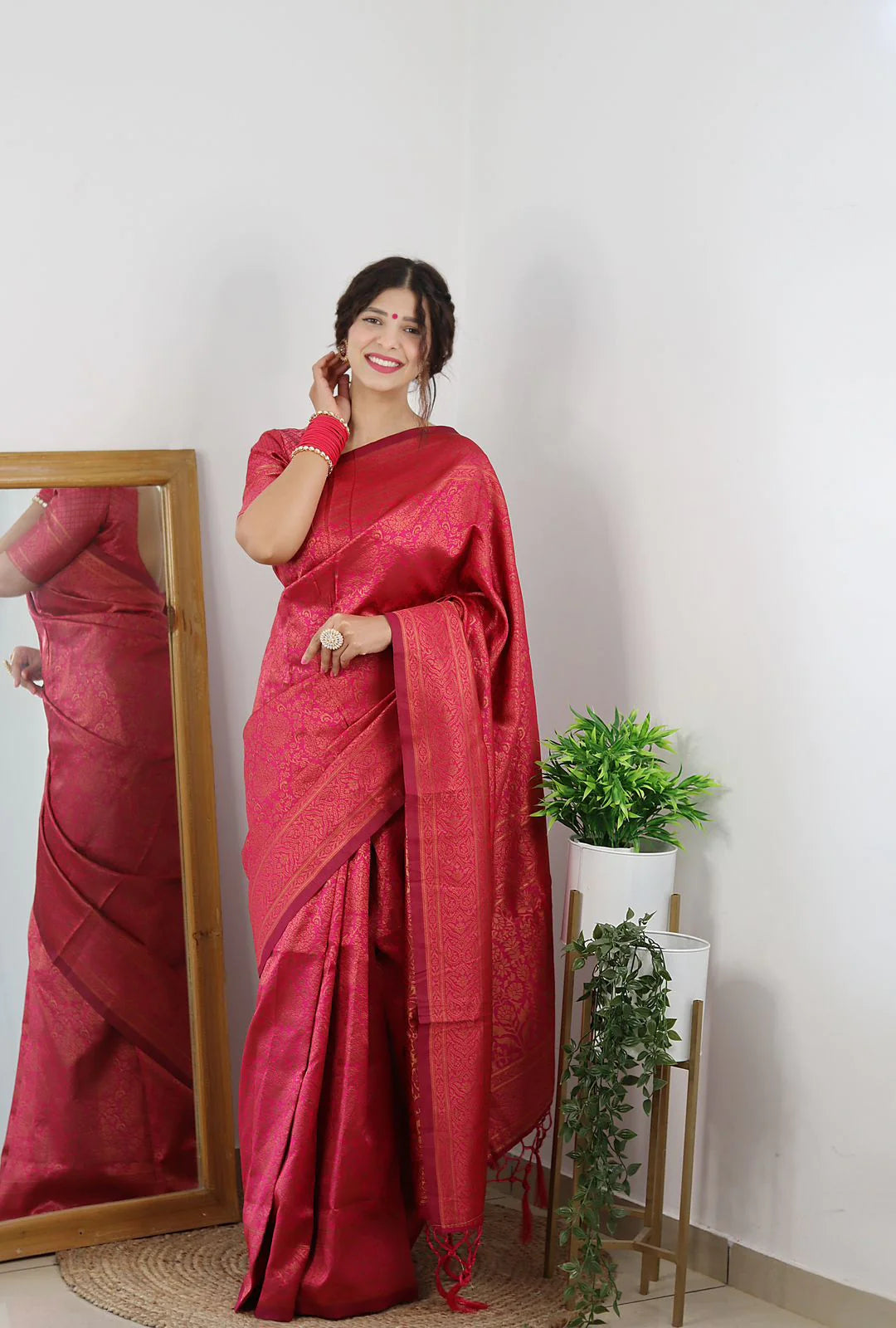 Dark Pink Soft Silk Saree With Girlish Blouse Piece