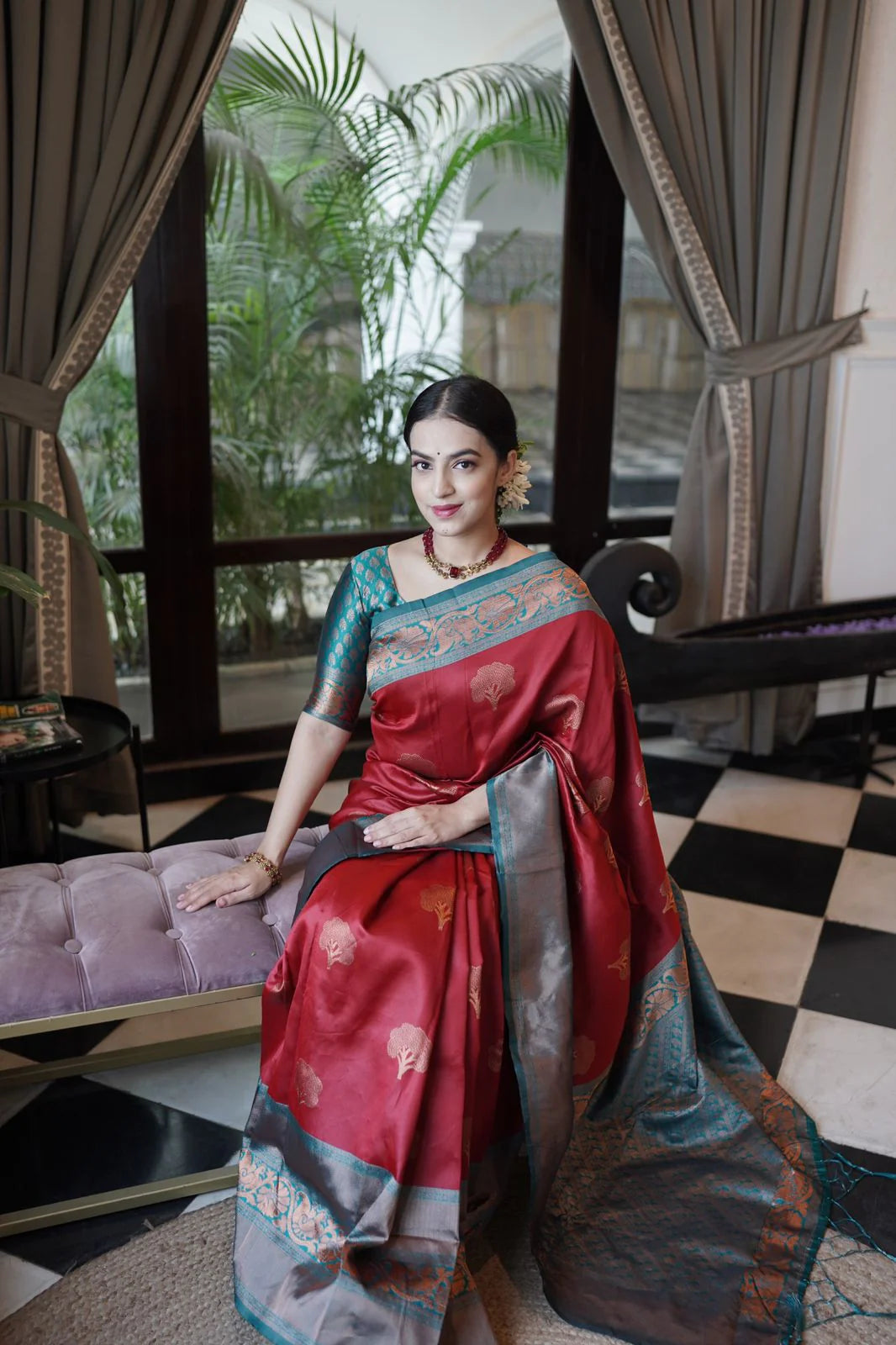 Maroon Soft Banarasi Silk Saree With Groovy Blouse Piece