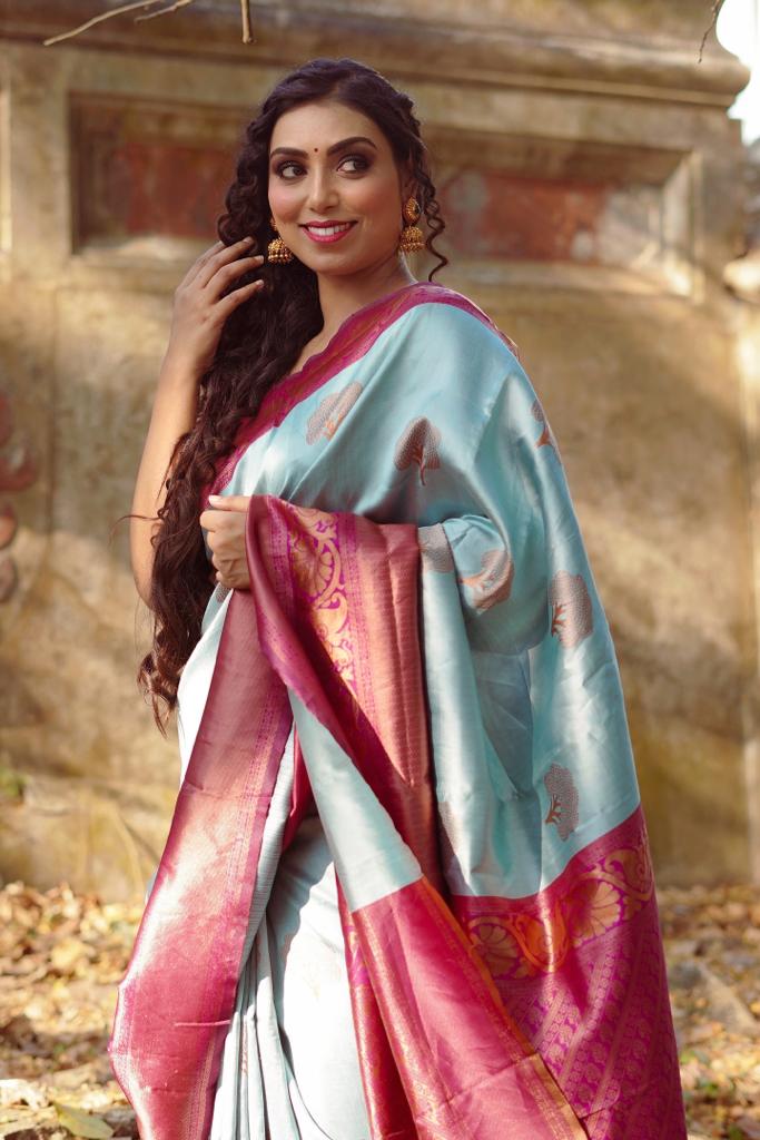 Sky Soft Banarasi Silk Saree With Impressive Blouse Piece