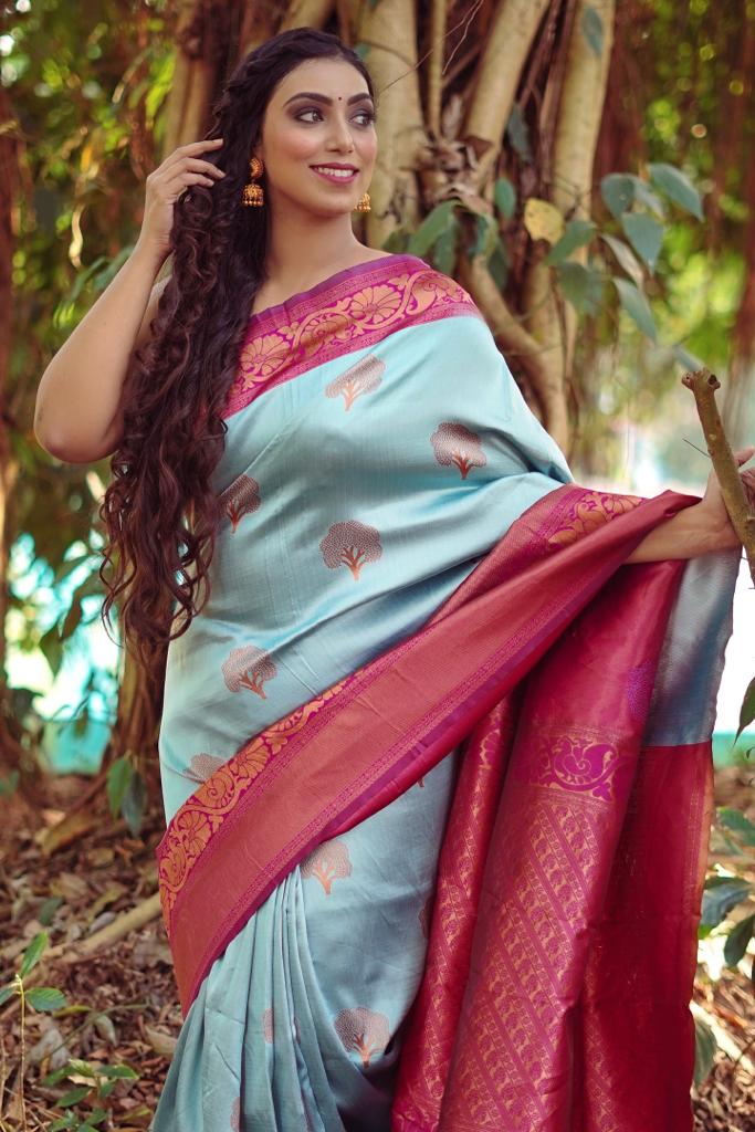Sky Soft Banarasi Silk Saree With Impressive Blouse Piece