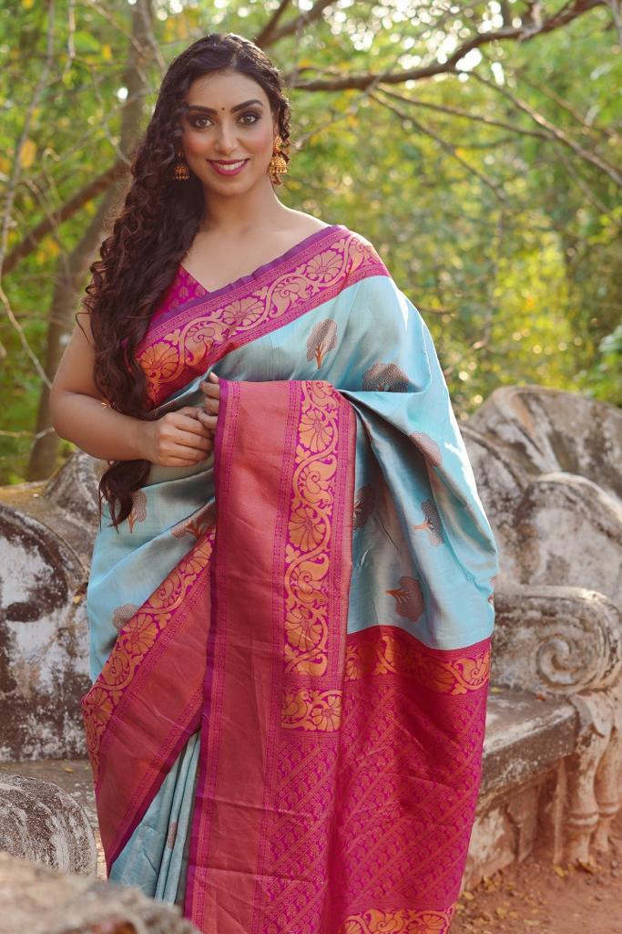 Sky Soft Banarasi Silk Saree With Impressive Blouse Piece